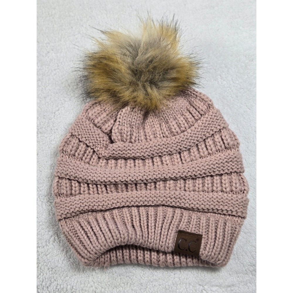 CC Exclusives Dusty Rose Cable Knit Beanie Faux Fur Pom Pom Winter Hat